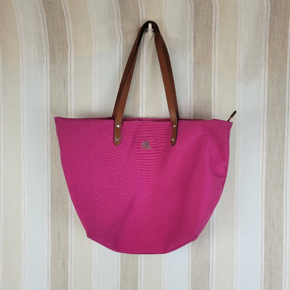 Lauren Ralph Lauren Canvas Bainbridge Tote Bag Hot Pink Zipper Top